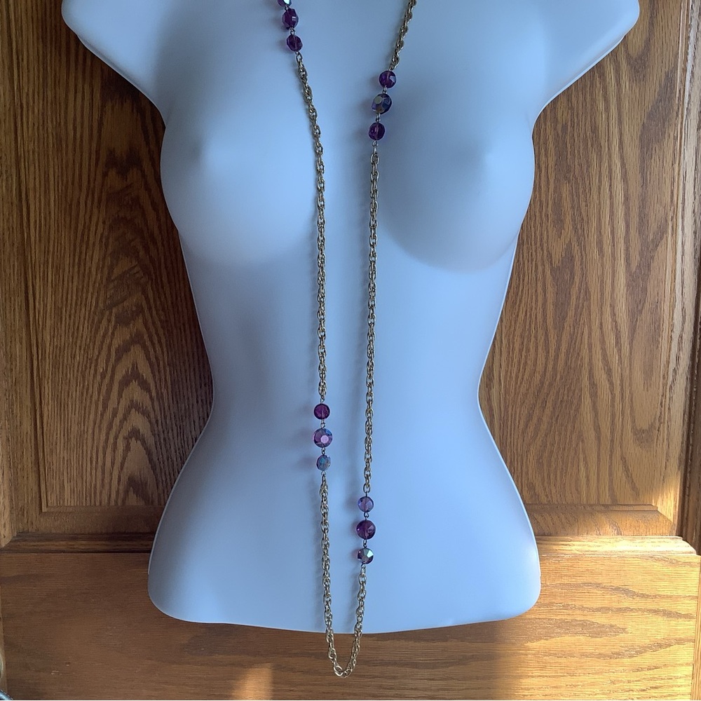 Vintage long purple crystal/glass, gold tone, necklace